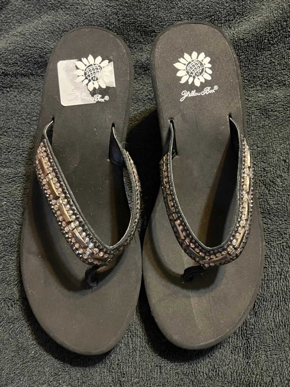 Yellow Box Black Beaded wedge Flip Flop Sandals - Picture 1 of 6
